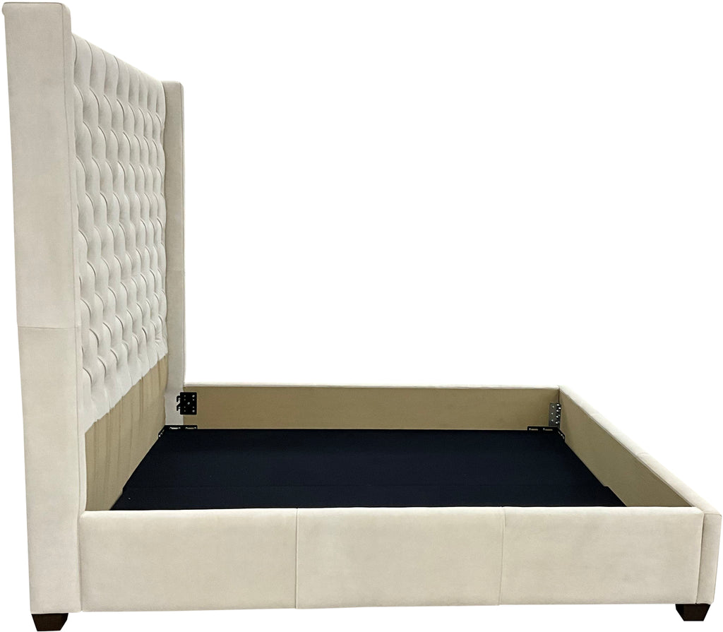 Madison Tufted Bed with wingback headboard in cream Satin Suede leather. Modern silhouette, traditional tufting—custom sizes available.