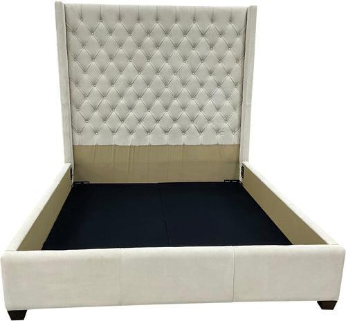 Madison Tufted Bed with wingback headboard in cream Satin Suede leather. Modern silhouette, traditional tufting—custom sizes available.