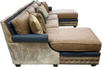 The High Plains Sectional features Palio Camel leather, Palio Grey accent trim, and light exotic cowhide for a modern western luxury statement. Oversized comfort, deep chaise seating, hand applied nailheads, and fully customizable ranch estate craftsmanship.