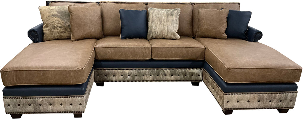The High Plains Sectional features Palio Camel leather, Palio Grey accent trim, and light exotic cowhide for a modern western luxury statement. Oversized comfort, deep chaise seating, hand applied nailheads, and fully customizable ranch estate craftsmanship.