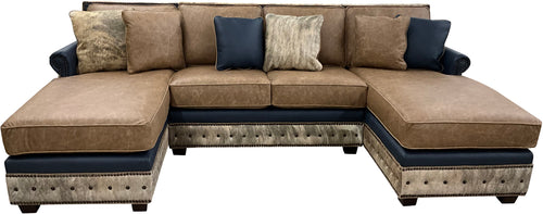 The High Plains Sectional features Palio Camel leather, Palio Grey accent trim, and light exotic cowhide for a modern western luxury statement. Oversized comfort, deep chaise seating, hand applied nailheads, and fully customizable ranch estate craftsmanship.
