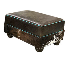 Load image into Gallery viewer, Great Blue Heron&#39;s Salado Medium Ottoman 34&quot; x 24&quot; is upholstered using our distressed Buffalo leather and accented with tri color cowhide and turquoise welt