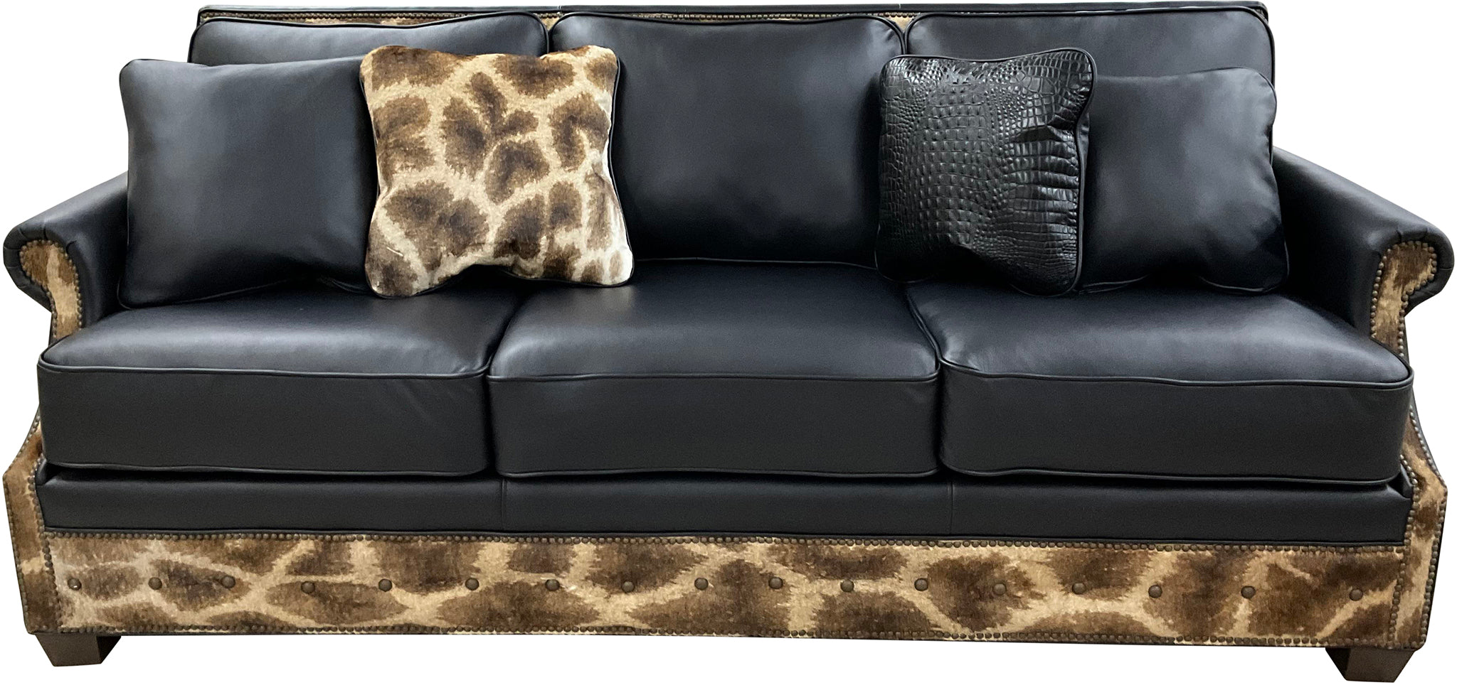 Serengetti Exotic Western Black Leather, Crocodile Accent Leather & Authentic Giraffe Hide Modern Farmhouse Rolled Arm Sofa