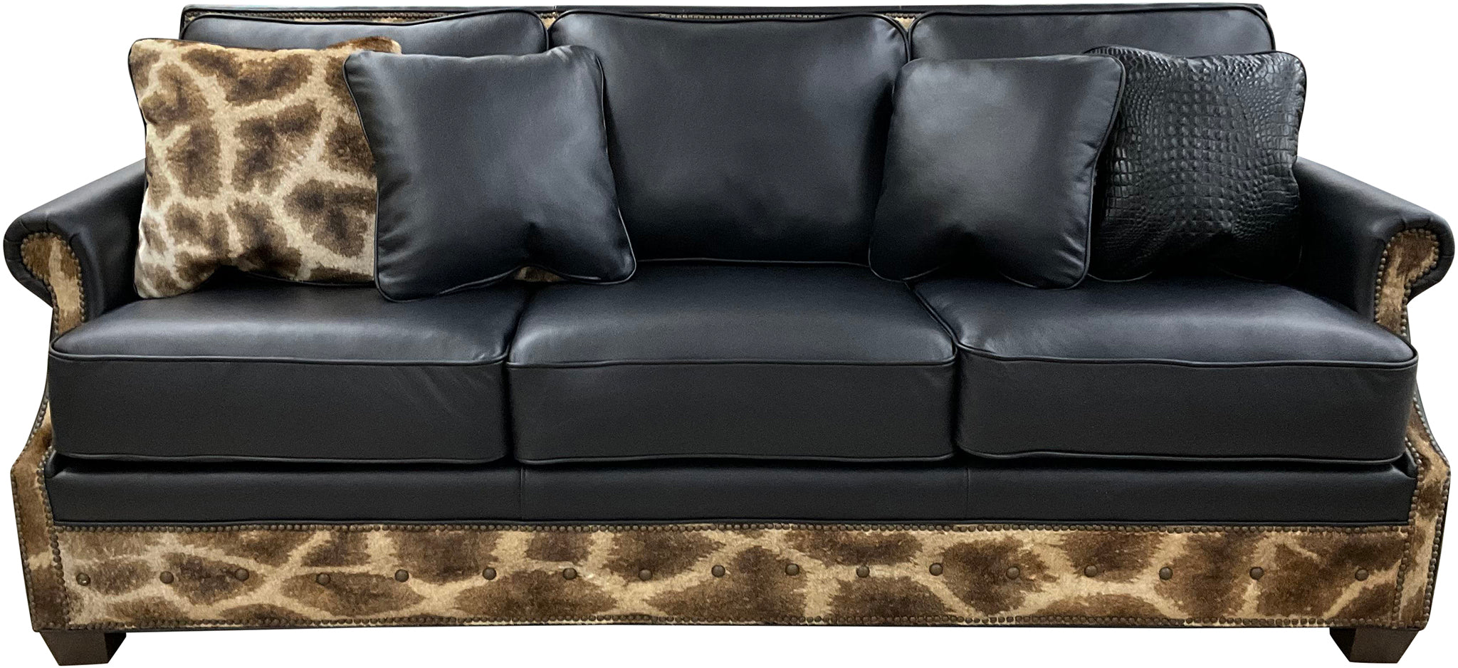 Serengetti Exotic Western Black Leather, Crocodile Accent Leather & Authentic Giraffe Hide Modern Farmhouse Rolled Arm Sofa