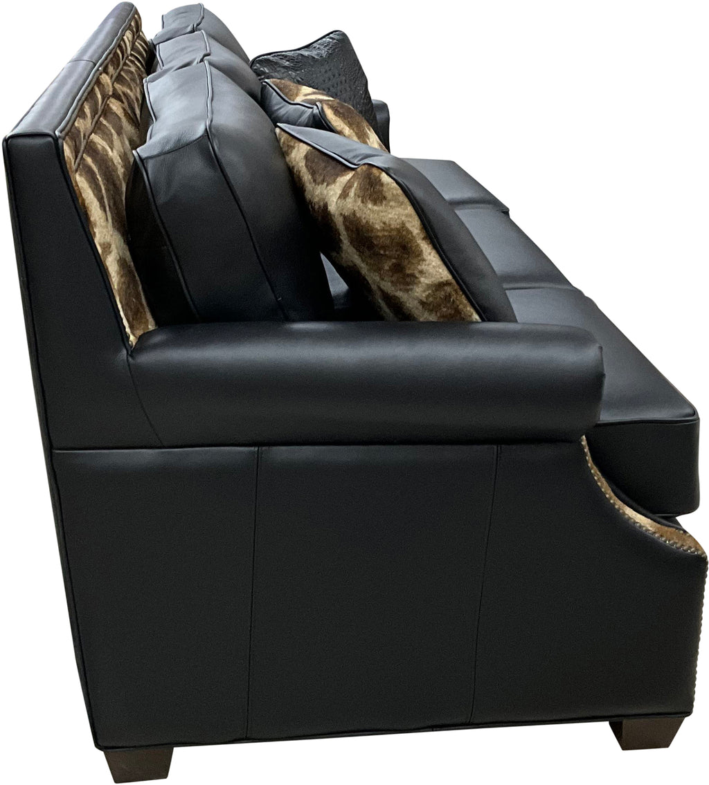 Serengetti Exotic Western Black Leather, Crocodile Accent Leather & Authentic Giraffe Hide Modern Farmhouse Rolled Arm Sofa