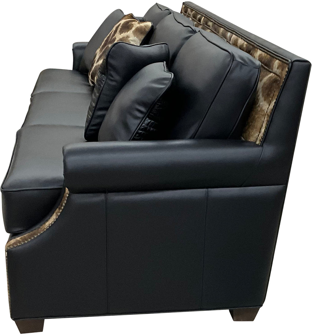 Serengetti Exotic Western Black Leather, Crocodile Accent Leather & Authentic Giraffe Hide Modern Farmhouse Rolled Arm Sofa