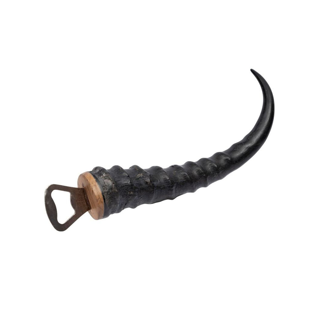 Handcrafted bottle openers made from real warthog tusks and springbok horns. Unique, rustic bar accessories combining natural materials and sturdy metal construction—perfect for collectors and Western-inspired home bars.