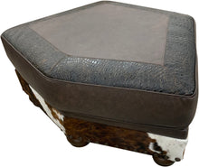 Load image into Gallery viewer, Hexagonal ottoman with textured top and cowhide pattern on legs, called Split Rail Conversational Ottoman, designed for our curved sofas