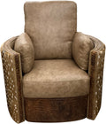 A swivel recliner chair with a brown and beige palio camel base leather, rustic cognac leather on the arms and a hide-covered headrest.