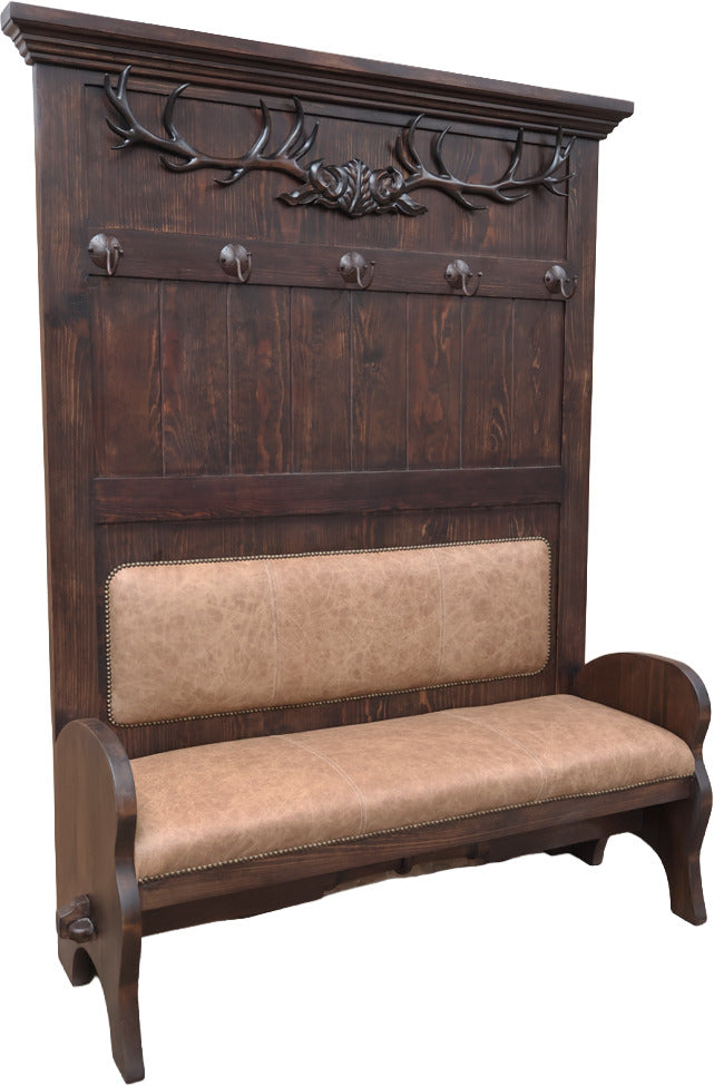 Double Seat Hall Tree with Hand Carved Antler