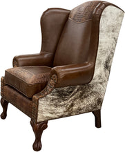 Load image into Gallery viewer, Western wingback chair, cowhide wingback chair, western cowhide wingback chair, western leather wingback chair