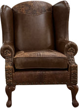 Load image into Gallery viewer, Western wingback chair, cowhide wingback chair, western cowhide wingback chair, western leather wingback chair