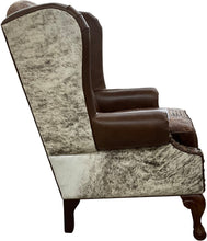 Load image into Gallery viewer, Western wingback chair, cowhide wingback chair, western cowhide wingback chair, western leather wingback chair