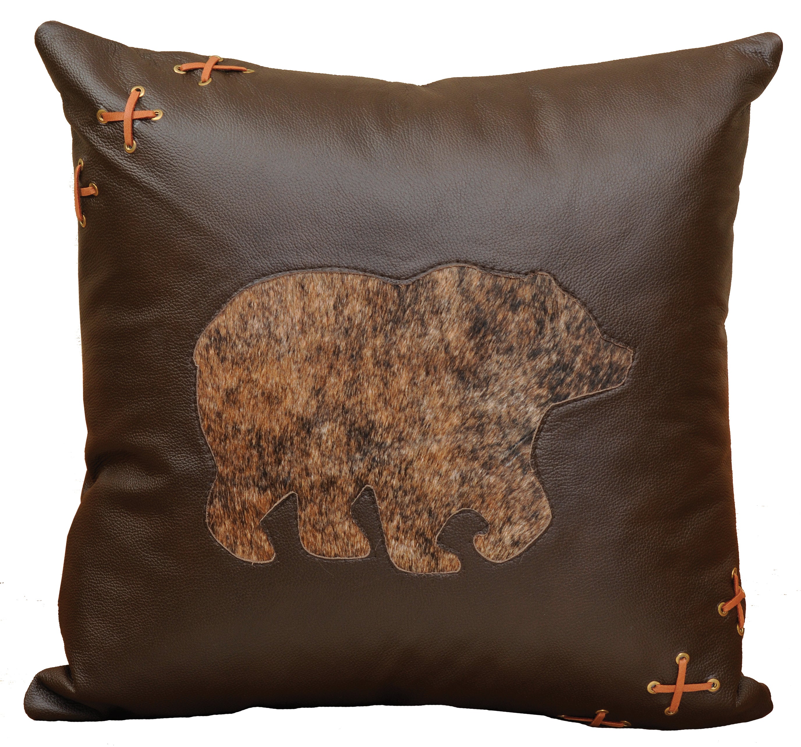 Cabin Bear Leather Pillow - 18x18 - Fabric Back