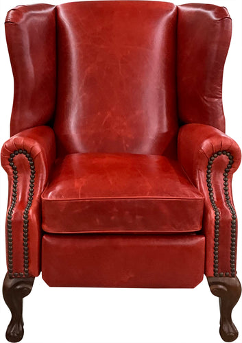 The Paloma Wingback Recliner pairs full-grain crimson leather with handcrafted wood details and a smooth reclining design. A bold expression of Western sophistication — built for beauty, comfort, and lasting craftsmanship.