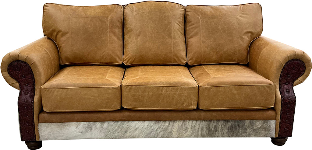 Cortez Modern Western Farmhouse Terelli Coganc Base Leather, Embossed Leather & Cowhide Sofa