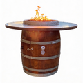 Wooden barrel-style fire pit table with flames on a white background