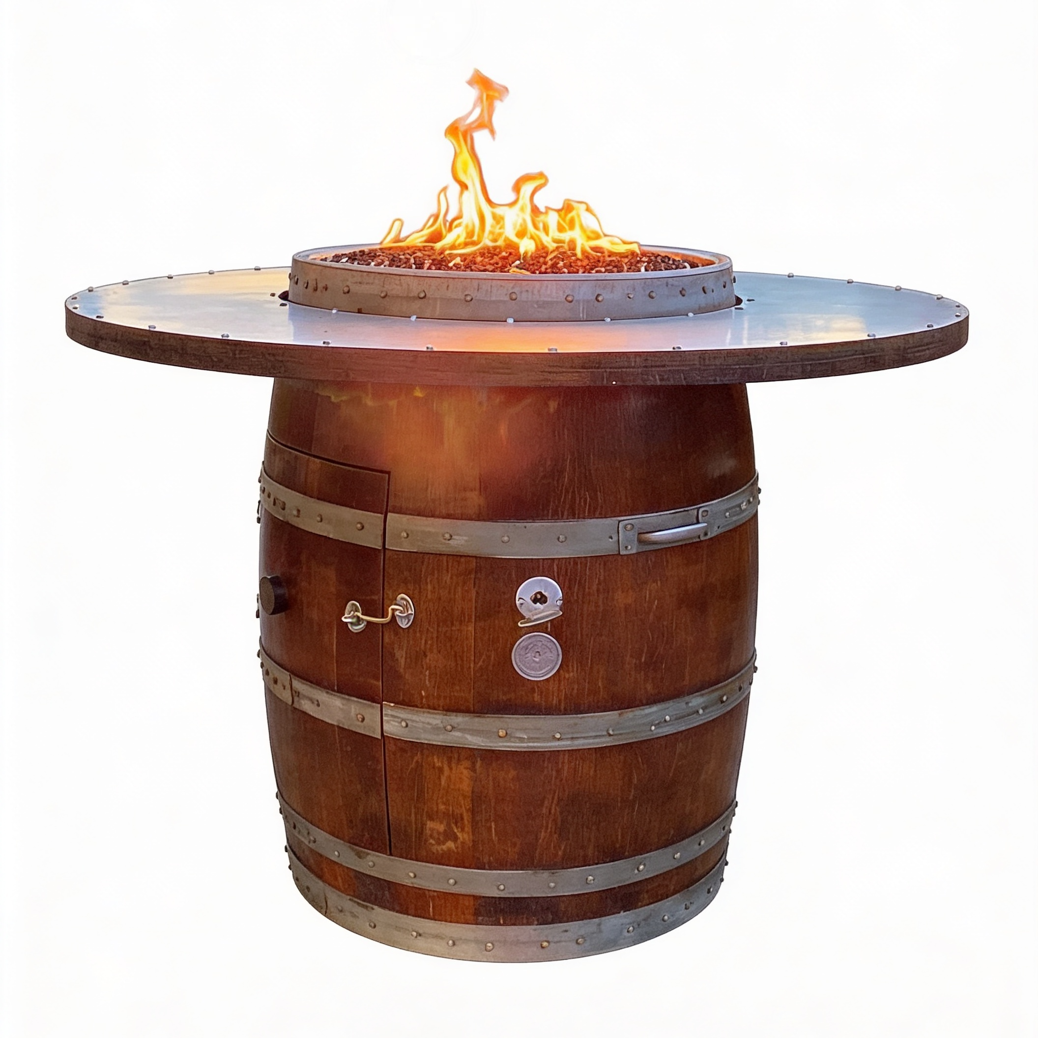 Wooden barrel-style fire pit table with flames on a white background