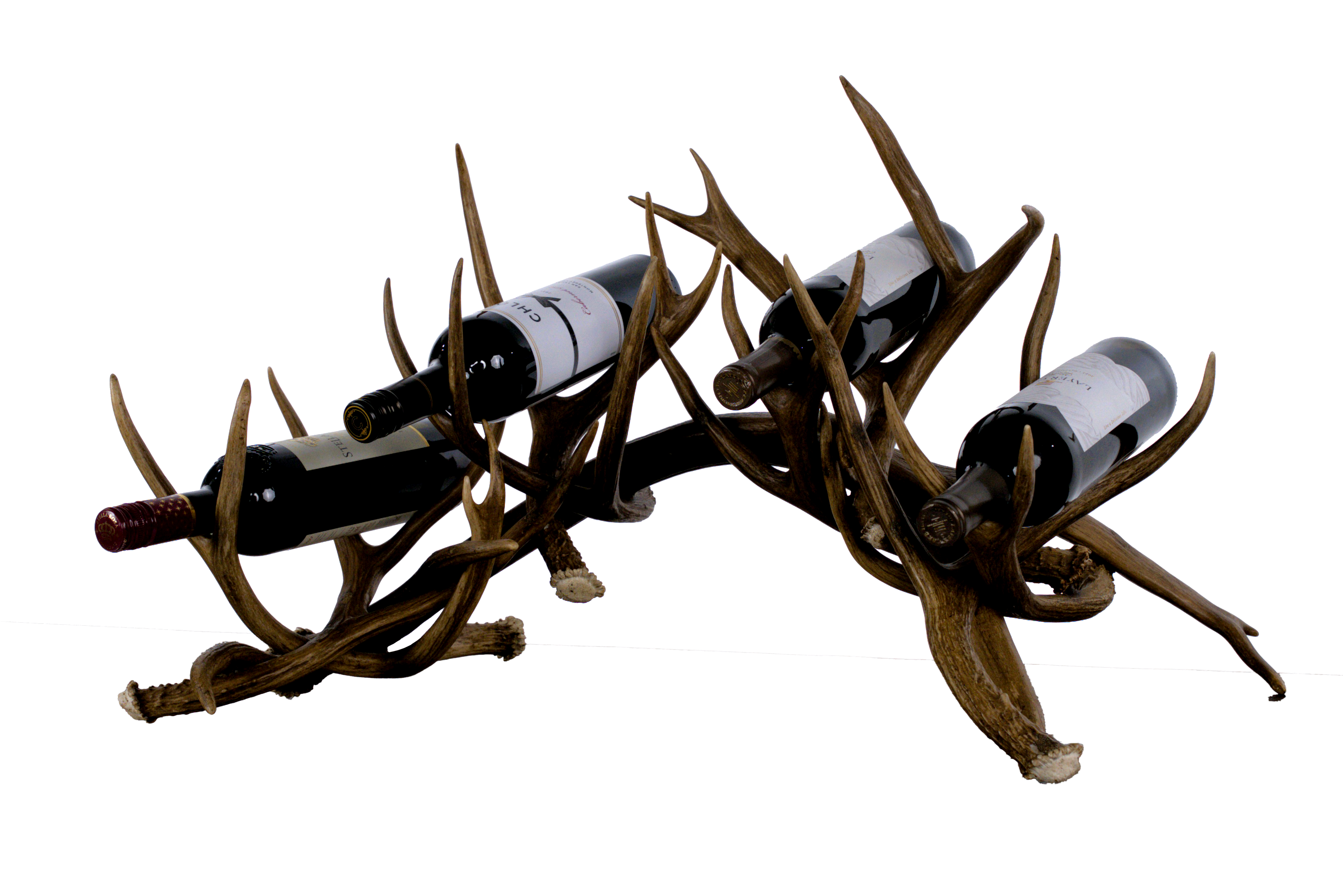 Handcrafted deer antler wine racks for  four bottles. Made from naturally shed antlers, each rack is unique—perfect for rustic, Western, or lodge-style home décor.
