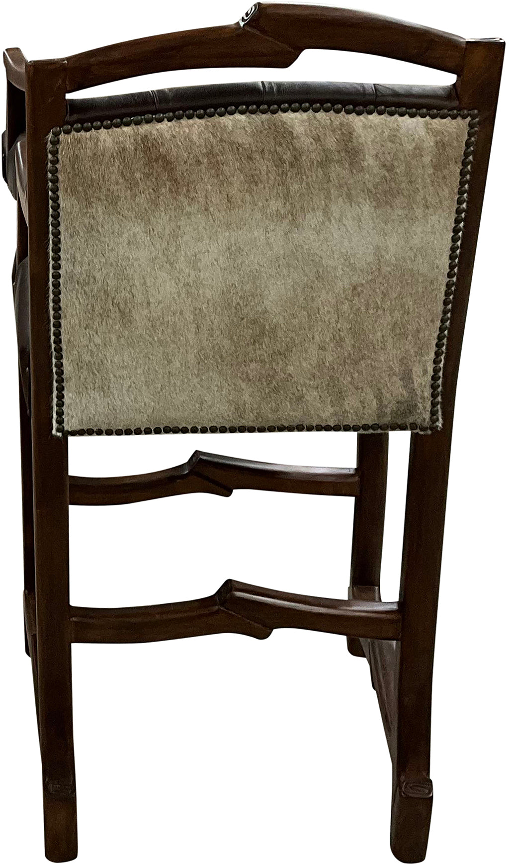 Handcrafted Western bar stool upholstered in Cowboy Bourbon leather with a light exotic cowhide back and rustic twig-style wood frame. Luxury Western seating made in Texas.