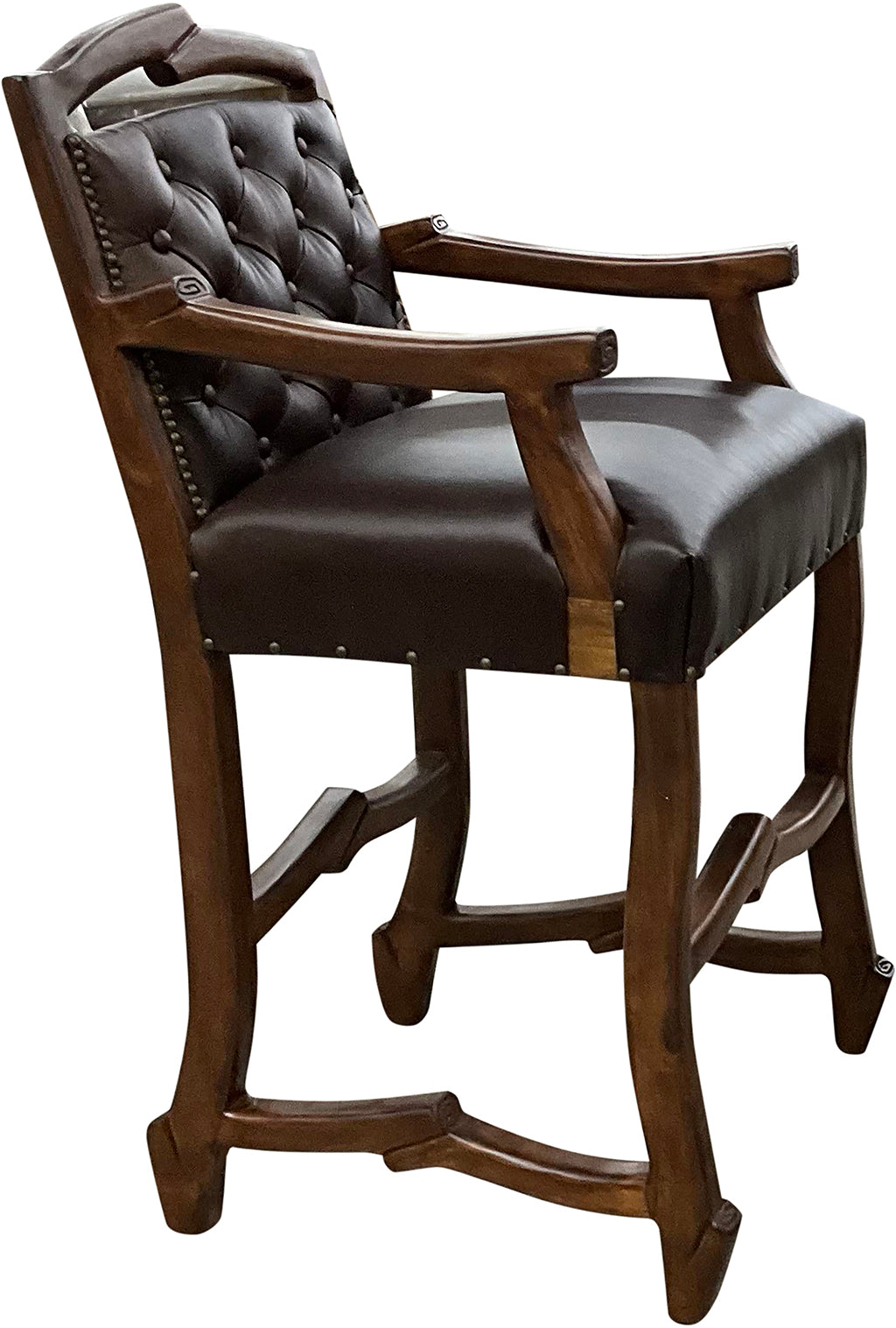 Handcrafted Western bar stool upholstered in Cowboy Bourbon leather with a light exotic cowhide back and rustic twig-style wood frame. Luxury Western seating made in Texas.