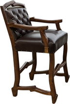 Handcrafted Western bar stool upholstered in Cowboy Bourbon leather with a light exotic cowhide back and rustic twig-style wood frame. Luxury Western seating made in Texas.