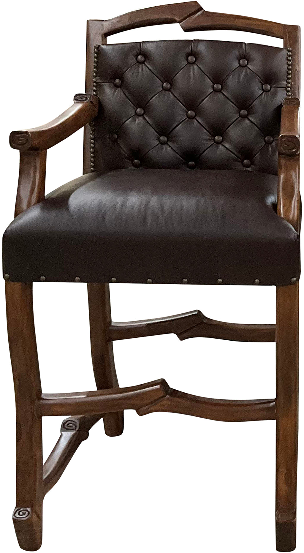 Handcrafted Western bar stool upholstered in Cowboy Bourbon leather with a light exotic cowhide back and rustic twig-style wood frame. Luxury Western seating made in Texas.