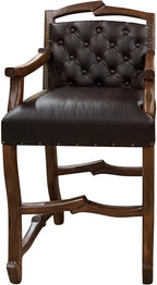 Handcrafted Western bar stool upholstered in Cowboy Bourbon leather with a light exotic cowhide back and rustic twig-style wood frame. Luxury Western seating made in Texas.