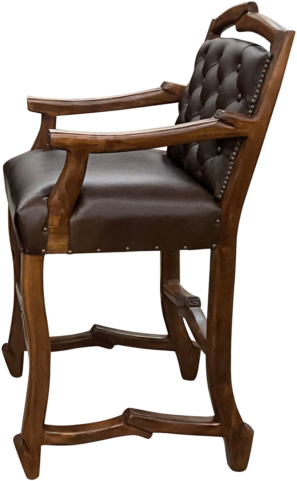 Handcrafted Western bar stool upholstered in Cowboy Bourbon leather with a light exotic cowhide back and rustic twig-style wood frame. Luxury Western seating made in Texas.