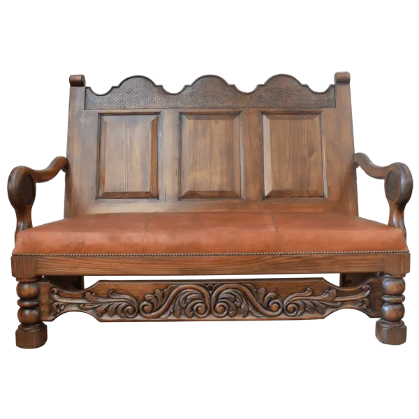 Spanish Colonial handcrafted bench with carved panels, leather seat, and ornate details. The La Comarca Bench blends Western elegance with timeless craftsmanship.