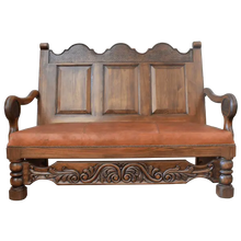 Load image into Gallery viewer, Spanish Colonial handcrafted bench with carved panels, leather seat, and ornate details. The La Comarca Bench blends Western elegance with timeless craftsmanship.