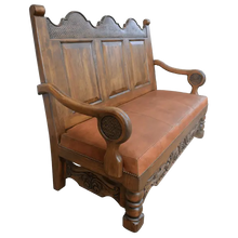 Load image into Gallery viewer, Spanish Colonial handcrafted bench with carved panels, leather seat, and ornate details. The La Comarca Bench blends Western elegance with timeless craftsmanship.