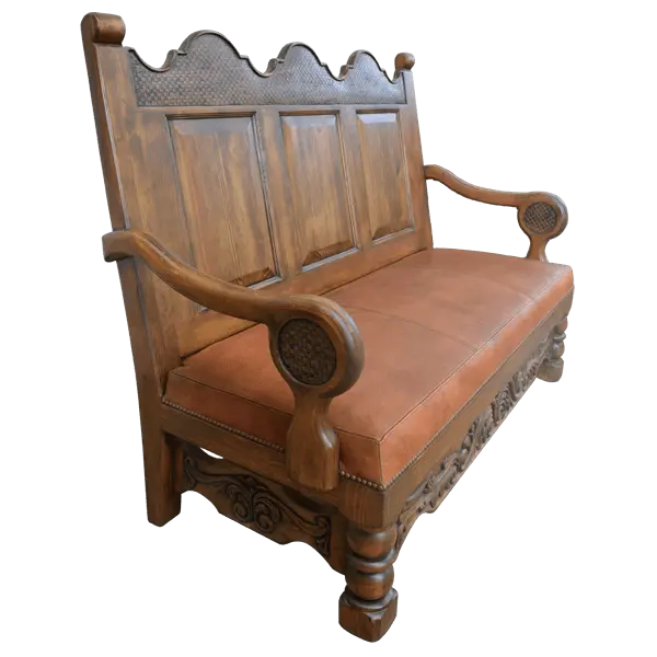 Spanish Colonial handcrafted bench with carved panels, leather seat, and ornate details. The La Comarca Bench blends Western elegance with timeless craftsmanship.