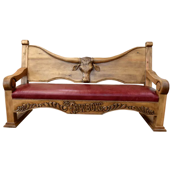 Handcrafted Western bench with longhorn carving, red leather seat, and “Cowboys” inscription. The Cowboy Bench combines rustic artistry with bold, personalized craftsmanship.