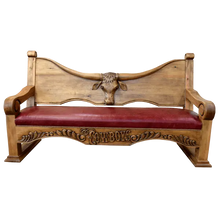 Load image into Gallery viewer, Handcrafted Western bench with longhorn carving, red leather seat, and “Cowboys” inscription. The Cowboy Bench combines rustic artistry with bold, personalized craftsmanship.