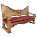 Handcrafted Western bench with longhorn carving, red leather seat, and “Cowboys” inscription. The Cowboy Bench combines rustic artistry with bold, personalized craftsmanship.