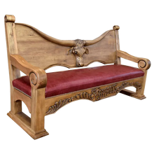 Load image into Gallery viewer, Handcrafted Western bench with longhorn carving, red leather seat, and “Cowboys” inscription. The Cowboy Bench combines rustic artistry with bold, personalized craftsmanship.