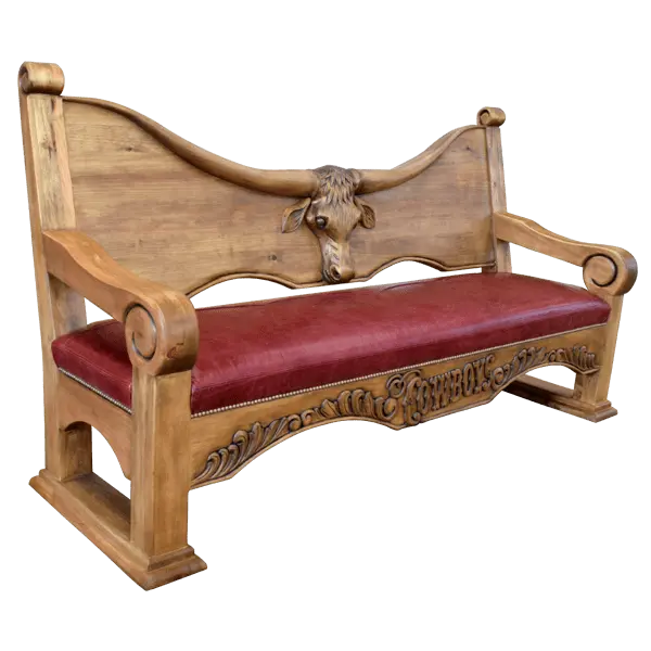 Handcrafted Western bench with longhorn carving, red leather seat, and “Cowboys” inscription. The Cowboy Bench combines rustic artistry with bold, personalized craftsmanship.