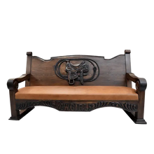 Load image into Gallery viewer, Handcrafted Western bench featuring saddle and lasso carvings, leather seat, and “Cowgirls” inscription. The Cowgirl Bench blends artistry, strength, and frontier elegance.