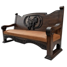Load image into Gallery viewer, Handcrafted Western bench featuring saddle and lasso carvings, leather seat, and “Cowgirls” inscription. The Cowgirl Bench blends artistry, strength, and frontier elegance.