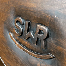 Load image into Gallery viewer, Handcrafted Western bench with longhorn carving, ranch brands, and dark finish. The Cowboy 2 Bench blends rustic strength and refined artistry in a customizable heirloom design.