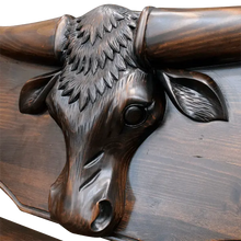 Load image into Gallery viewer, Handcrafted Western bench with longhorn carving, ranch brands, and dark finish. The Cowboy 2 Bench blends rustic strength and refined artistry in a customizable heirloom design.