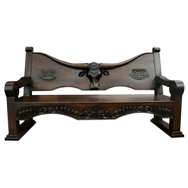 Handcrafted Western bench with longhorn carving, ranch brands, and dark finish. The Cowboy 2 Bench blends rustic strength and refined artistry in a customizable heirloom design.