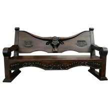 Load image into Gallery viewer, Handcrafted Western bench with longhorn carving, ranch brands, and dark finish. The Cowboy 2 Bench blends rustic strength and refined artistry in a customizable heirloom design.