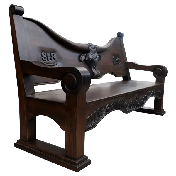 Handcrafted Western bench with longhorn carving, ranch brands, and dark finish. The Cowboy 2 Bench blends rustic strength and refined artistry in a customizable heirloom design.