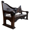 Handcrafted Western bench with longhorn carving, ranch brands, and dark finish. The Cowboy 2 Bench blends rustic strength and refined artistry in a customizable heirloom design.