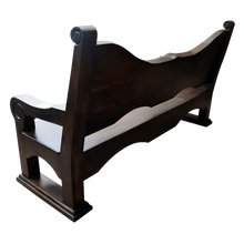 Load image into Gallery viewer, Handcrafted Western bench with longhorn carving, ranch brands, and dark finish. The Cowboy 2 Bench blends rustic strength and refined artistry in a customizable heirloom design.