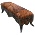 Handcrafted Western bench featuring real cowhide upholstery, carved floral apron, and cowhorn legs. The Santa Petronilla Bench embodies rustic refinement and customizable craftsmanship.