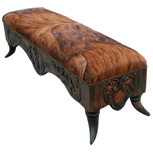 Handcrafted Western bench featuring real cowhide upholstery, carved floral apron, and cowhorn legs. The Santa Petronilla Bench embodies rustic refinement and customizable craftsmanship.