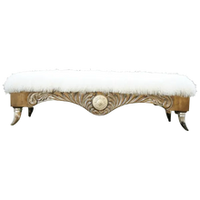 Load image into Gallery viewer, Handcrafted Western bench with Tibetan wool upholstery, silver-finished carvings, and copper conchos. The Santa Petronilla II Bench blends rustic elegance and artisanal craftsmanship in a truly unique design.